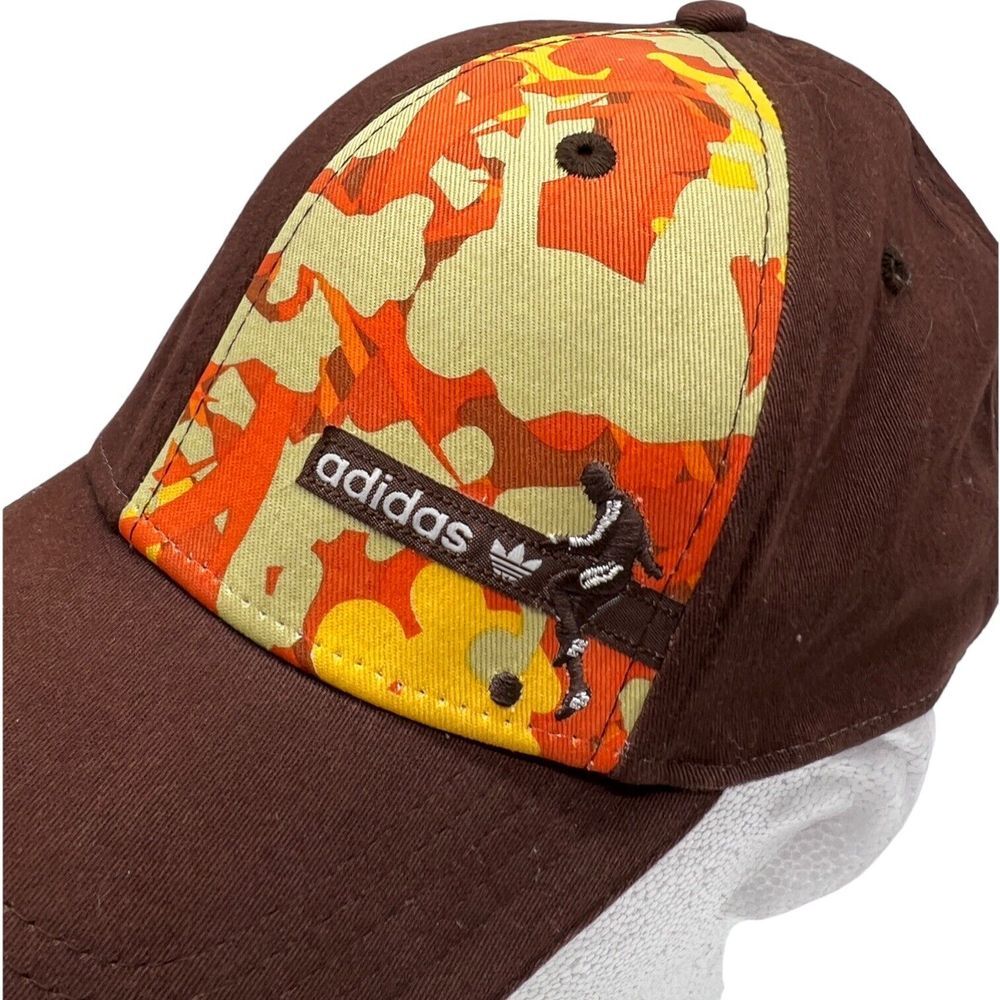 VTG Adidas Camo Soccer Player Hat Cap Large XL Brown Orange Stretch Tresfoil